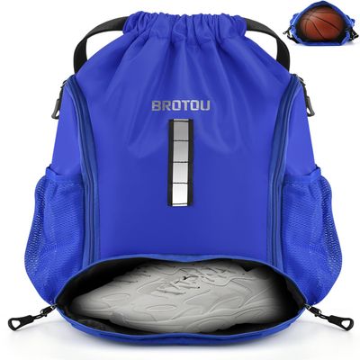 BROTOU Soccer Backpack, Sports Drawstring Backpack, Basketball Bag, Soccer Bag with Ball and Shoe Compartment (Style 1, Blue)