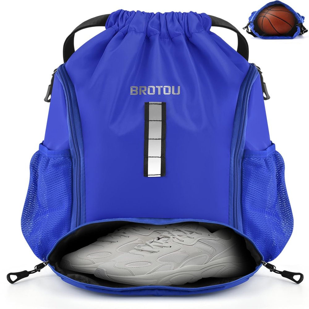 BROTOU Soccer Backpack, Sports Drawstring Backpack, Basketball Bag, Soccer Bag with Ball and Shoe Compartment (Style 1, Blue)