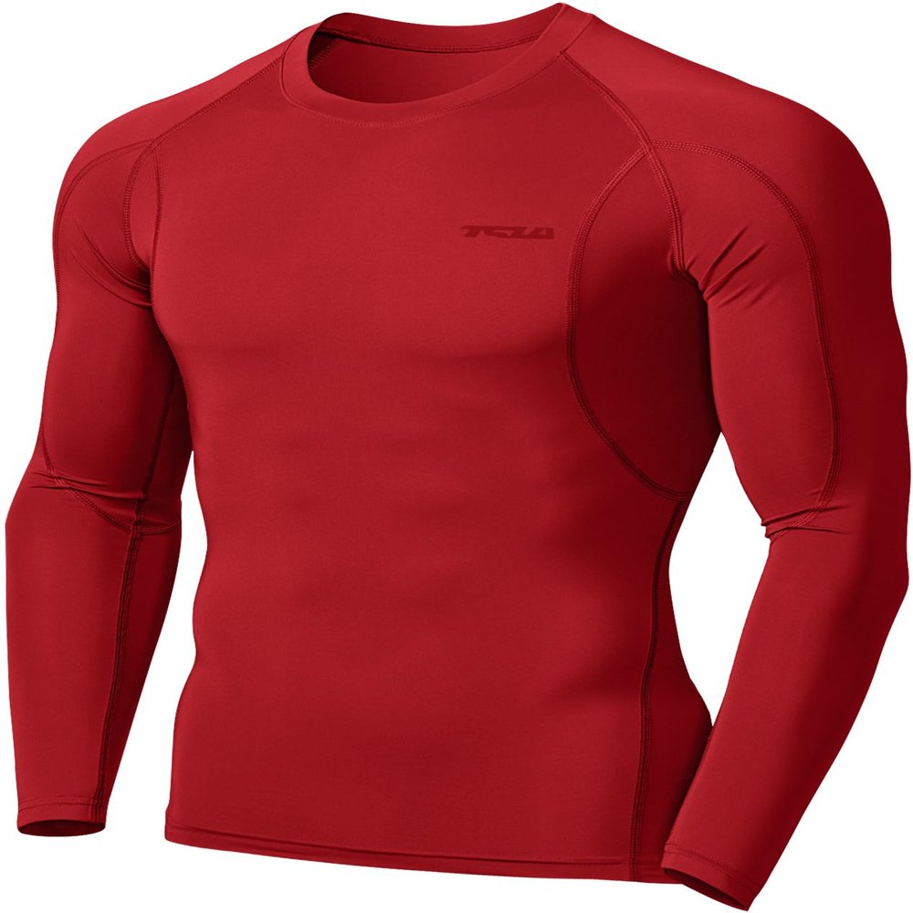 TSLA Men's UPF 50+ Compression Shirts, Cool Dry Long Sleeve Athletic Tops, Sports Baselayer Workout Shirt, Flame Red, XX-Large