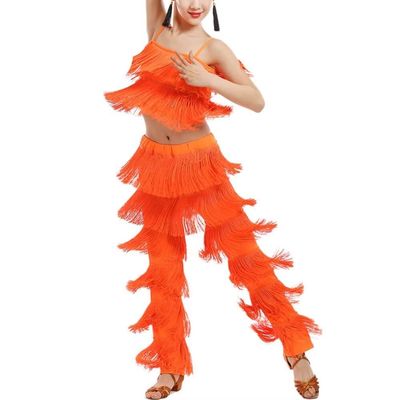 Libaobaoyo Girls 2 Piece Latin Ballroom Dance Outfits Tassel Camisole Fringe Pants Modern Salsa Dancewear Orange