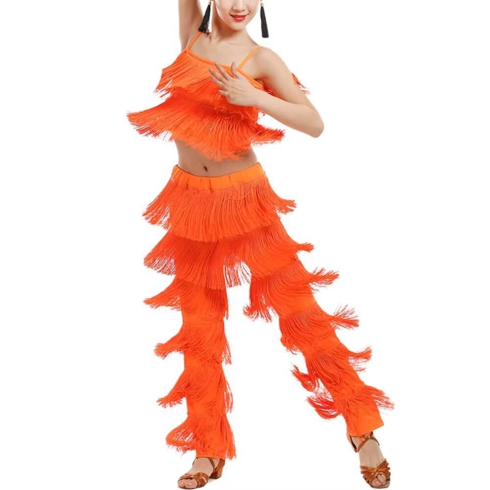 Libaobaoyo Girls 2 Piece Latin Ballroom Dance Outfits Tassel Camisole Fringe Pants Modern Salsa Dancewear Orange