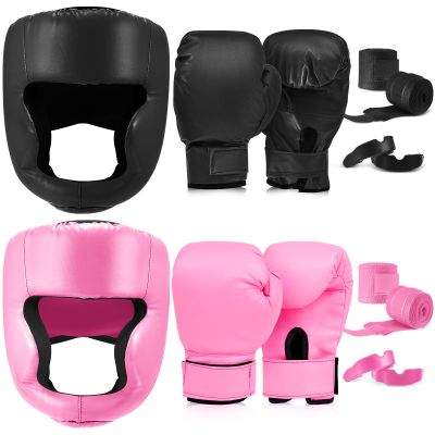Kanayu 14 Pcs Boxing Set 16 Ounce Boxing Gloves Headgear Helmet Hand Wraps Mouth Guards Equipment for Adults Youth Beginners Training Equipment Gifts(Black, Pink)