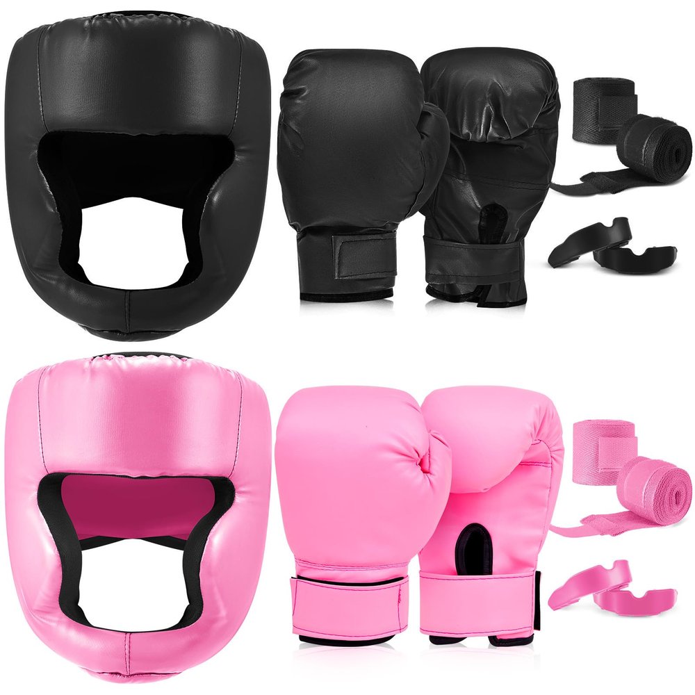 Kanayu 14 Pcs Boxing Set 16 Ounce Boxing Gloves Headgear Helmet Hand Wraps Mouth Guards Equipment for Adults Youth Beginners Training Equipment Gifts(Black, Pink)