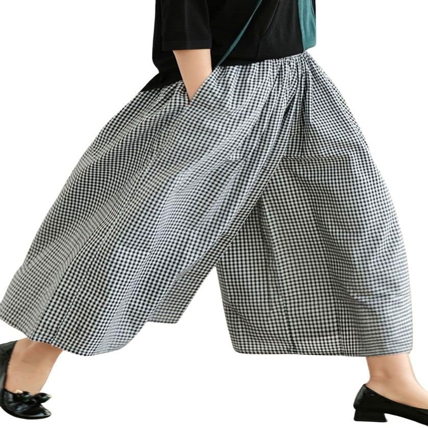 Leyoutx Women's Cotton Linen Wide Leg Culottes Pants Elastic Waist Plaid Gingham Capri Palazzo Pants (X-Large, Black Gingham)