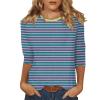 3/4 Length Sleeve Womens Tops Round Neck Striped T Shirts Casual Cute Ethnic Three Quarter Sleeve Summer Blouses Comfy Country Tunic Tops to Wear with Leggings 3/4 Sleeve Shirts for Women 2025 Blue view 1