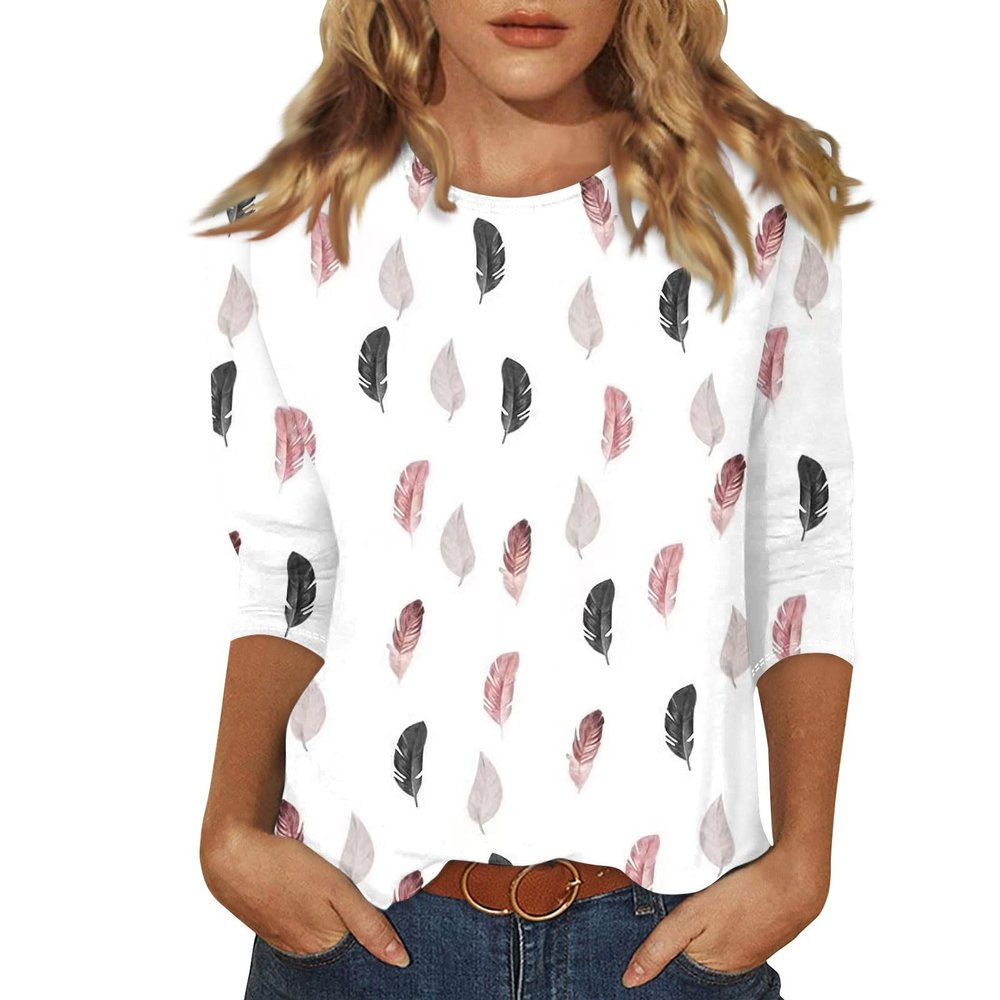 3/4 Sleeve Tops for Women Floral Print Crewneck Cute Shirts Dressy Casual Summer Blouses Ethnic Three Quarter Sleeve Comfy Country Tunic Tops to Wear with Leggings Womens 3/4 Sleeve T Shirts 2025