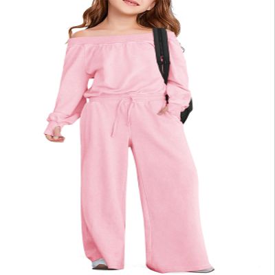 Haloumoning Girls Casual Jumpsuits Long Sleeve Off the Shoulder Wide Leg Loose Rompers with Pockets 5-14 Years
