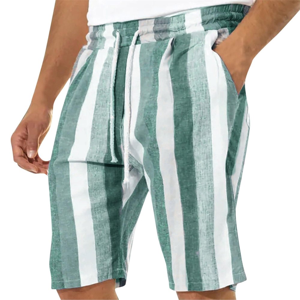SWJGLITTR Men's Linen Striped Short Hawaiian Flower Beach Short Pants Summer Drawstring with Pocket Shorts for Men (Green,Medium)