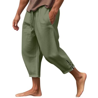RTTUIOP Men's Cotton Linen Pants Solid Color Capri Harem Men's Linen Pants Casual Lightweight Loose 3/4 Shorts Drawstring Elastic Waist Beach Yoga Trousers Summer Pants