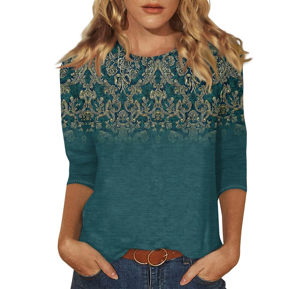 3/4 Length Sleeve Womens Tops Crewneck Printed Casual Tshirts Shirts Dressy Spring Blouses Classic Loose Tunics or Tops to Wear with Leggings Trending Clothes Womens 3/4 Sleeve T Shirts 2025