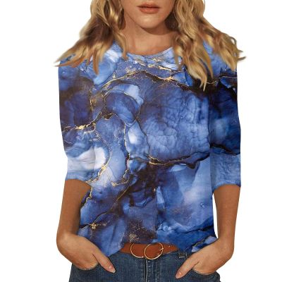 3/4 Sleeve Tops for Women Summer Round Neck Floral Print T Shirts Cute Casual Blouses Trendy Three Quarter Sleeve Tunic Tops with Leggings Office Business Clothes Womens Tunic Tops 3/4 Sleeve 2025
