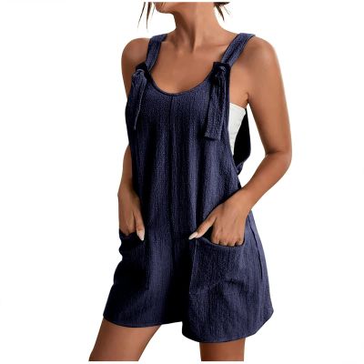 KICILVS Womens Rompers for Summer Casual Sleeveless Suspender Short Jumpsuit Boho Solid Color Overalls with Pockets