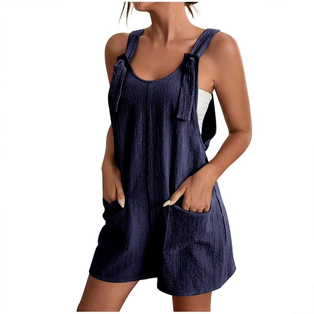 KICILVS Womens Rompers for Summer Casual Sleeveless Suspender Short Jumpsuit Boho Solid Color Overalls with Pockets