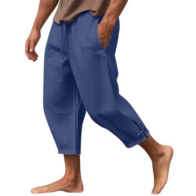 RTTUIOP Men's Cotton Linen Pants Solid Color Harem Pants Casual Capri Pant Lightweight Loose 3/4 Shorts Drawstring Elastic Waist Beach Yoga Trousers Summer Pant Linen Shorts for Men