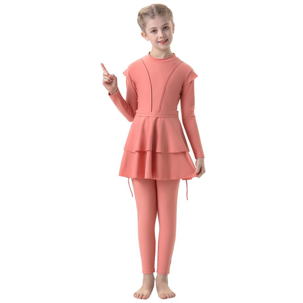 IBTOM CASTLE Burkini Swimsuits for Girls: Modest Muslim 3PCS Rash Guard Set Swim Skirt Tops Leggings Pants with Hijab Cap Summer Beachwear Full Coverage Conservative Swimming Costume Pink 9-10 Years