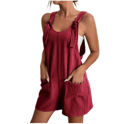 KICILVS Womens Rompers for Summer Casual Sleeveless Suspender Short Jumpsuit Boho Solid Color Overalls with Pockets
