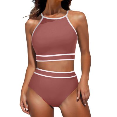 Two Piece Swimsuit for Women Halter Top High Waisted Bikini Sets Sporty Color Block Cheeky Bathing Suit