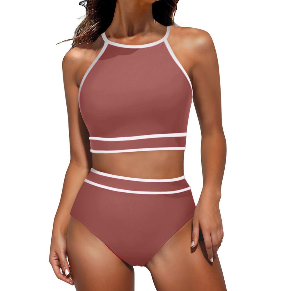 Two Piece Swimsuit for Women Halter Top High Waisted Bikini Sets Sporty Color Block Cheeky Bathing Suit