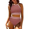 Two Piece Swimsuit for Women Halter Top High Waisted Bikini Sets Sporty Color Block Cheeky Bathing Suit view 2