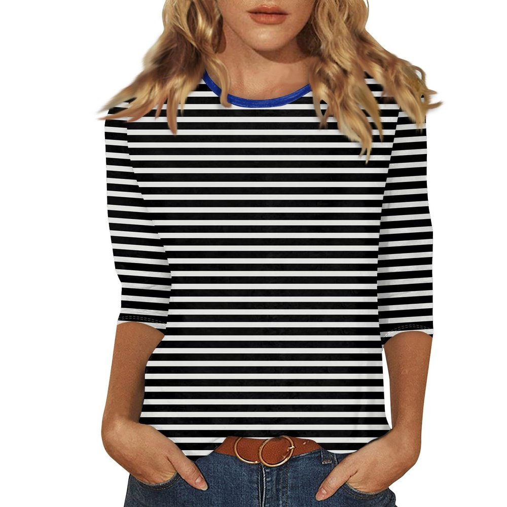 3/4 Sleeve Tops for Women Striped Crewneck Tshirts Dressy Casual Ethnic Three Quarter Sleeve Summer Blouses Comfy Country Tunic Tops to Wear with Leggings Womens 3/4 Sleeve T Shirts 2025 Black