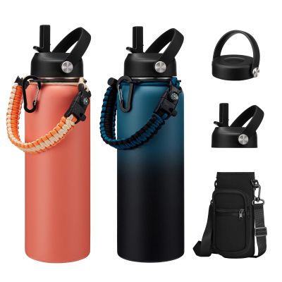 40 oz Insulated Water Bottle with Straw with 40oz Indigo Black Water Bottles - Flex Cap Lids, Paracord Handle, Bottle Carrier Bag w/Strap, Vacuum Stainless Steel Double Wall Metal Water Flask Jug