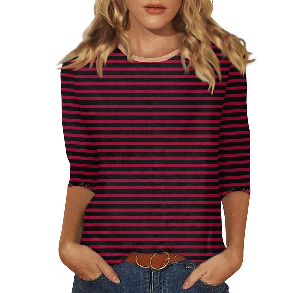 3/4 Sleeve Tops for Women Crewneck Striped Casual Tshirts Shirts Three Quarter Length Sleeve Long Tunic Tops with Leggings Fashion Elegant Spring Blouses 3/4 Sleeve T Shirts for Women 2025 Wine
