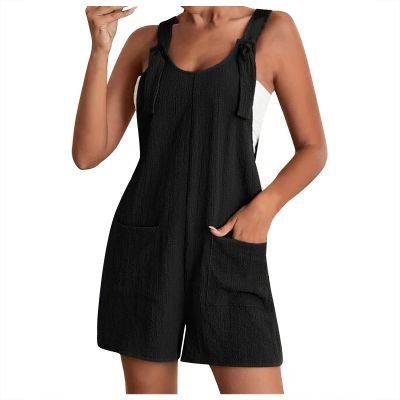 KICILVS Womens Rompers for Summer Casual Sleeveless Suspender Short Jumpsuit Boho Solid Color Overalls with Pockets