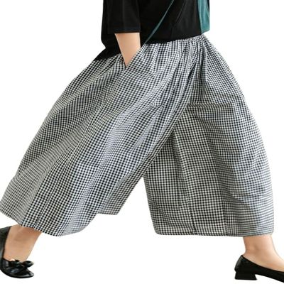 Leyoutx Women's Cotton Linen Wide Leg Culottes Pants Elastic Waist Plaid Gingham Capri Palazzo Pants (XX-Large, Black Gingham)