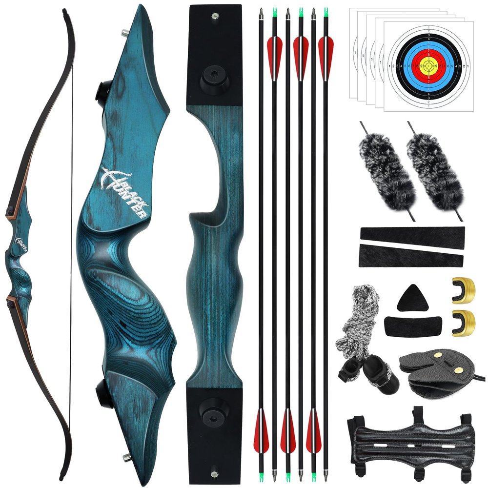 HBG Black Hunter 60'' Blue Recurve Bow and Arrows Kits Left Hand Hunting Recurve Bow for Adults with Target Paper for Shooting (30LBS)