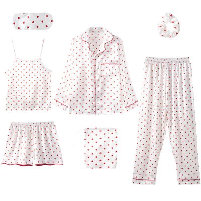 ANUFER Womens 7PCS Satin Pajama Set Spring Summer Autumn Tops & Pants Shorts Sleepwear Red Heart SN07655 M