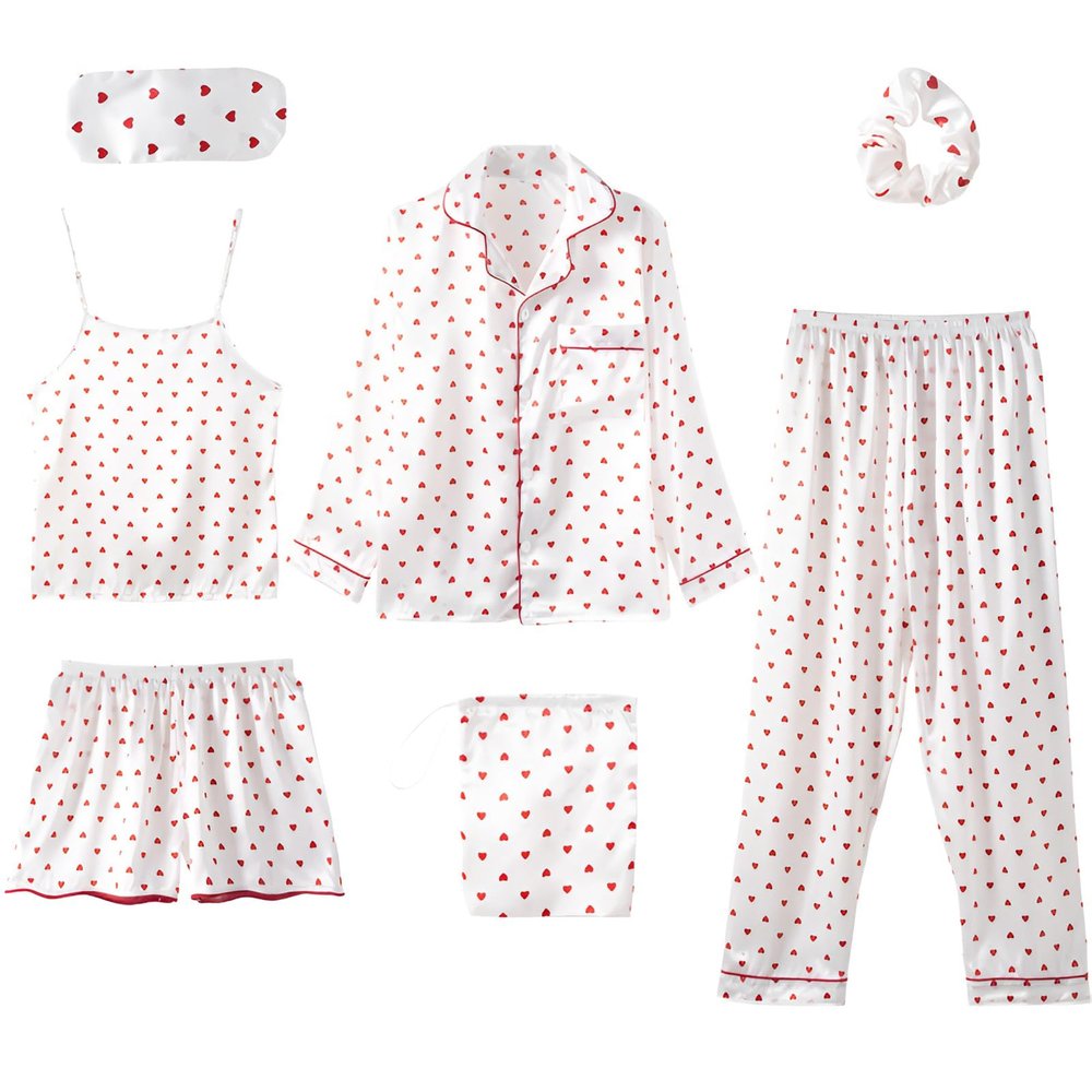 ANUFER Womens 7PCS Satin Pajama Set Spring Summer Autumn Tops & Pants Shorts Sleepwear Red Heart SN07655 M