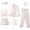 ANUFER Womens 7PCS Satin Pajama Set Spring Summer Autumn Tops & Pants Shorts Sleepwear Red Heart SN07655 M view 1
