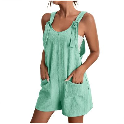 KICILVS Womens Rompers for Summer Casual Sleeveless Suspender Short Jumpsuit Boho Solid Color Overalls with Pockets