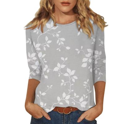 3/4 Length Sleeve Womens Tops Summer Round Neck Floral Print T Shirts Cute Casual Blouses Three Quarter Sleeve Loose Fitting Vintage Workout Tunic Tops Women Clothing Womens 3/4 Sleeve T Shirts 2025