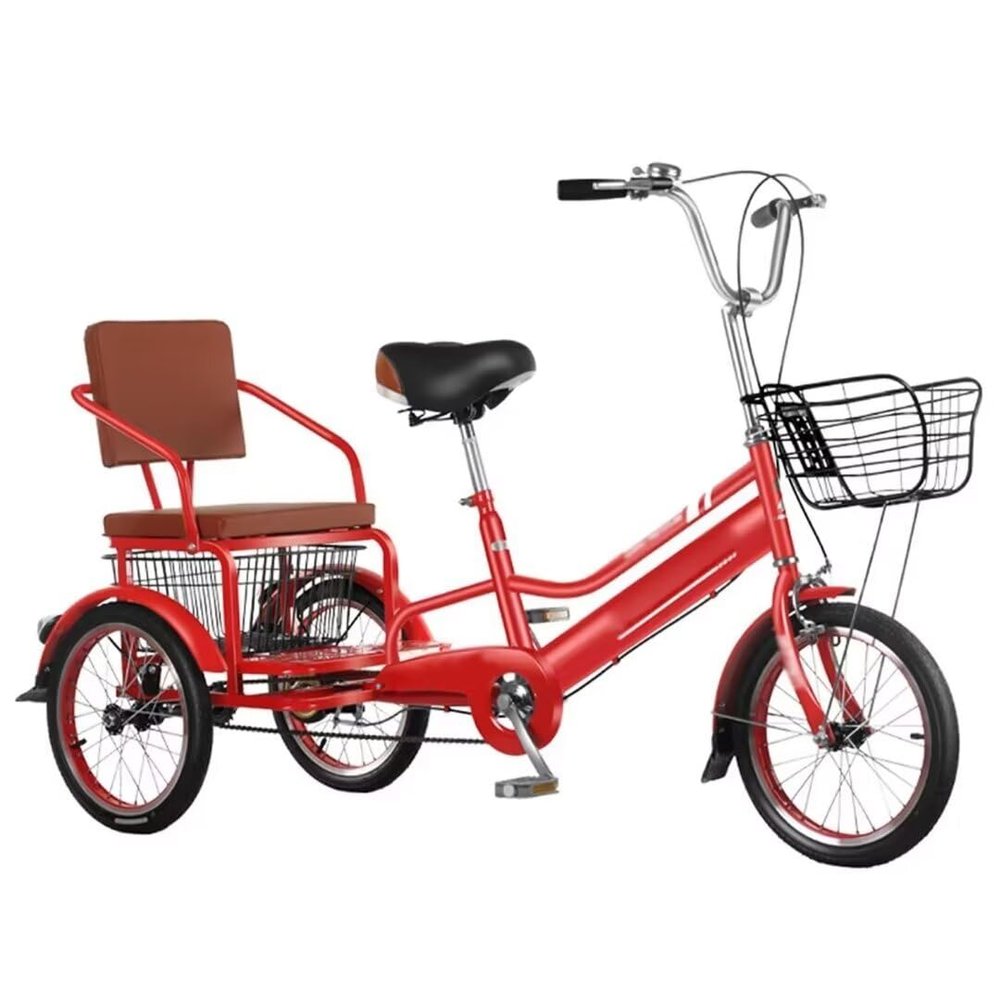 Elderly Tricycle,Adult Rickshaw Pedal Tricycle,Leisure Mobility Vehicle,16inch/20inch Tandem Trike with Rear seat,Sensitive Dual Brakes,Scooter Bike (Red 16inch)