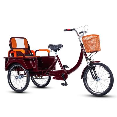 Elderly Pedal Bicycle Rickshaw Scooter trikes with Shock Absorber Front Fork,Passenger and Cargo Dual-use Tricycle,Foldable Rear Passenger seat,Rear Cabin,Tandem Tricycle for Adult (Wine Reda 20inch)