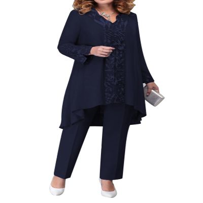 Lorilida Mother of The Bride Pant Suits Women's Wedding Cocktail Party Suit Plus Size Floral Evening Gowns Navy Blue L/0XL
