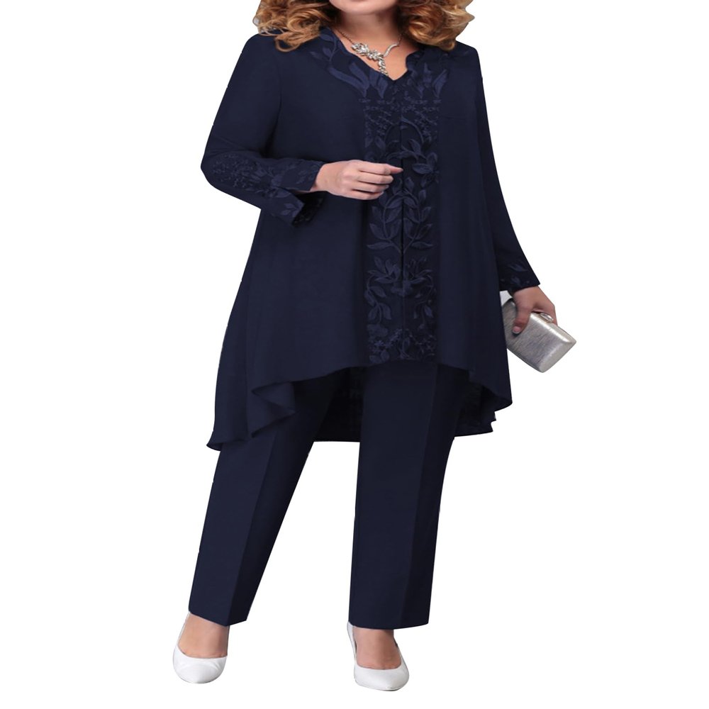 Lorilida Mother of The Bride Pant Suits Women's Wedding Cocktail Party Suit Plus Size Floral Evening Gowns Navy Blue L/0XL