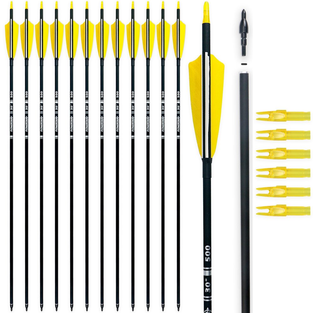BOWSOUL 30" Carbon Arrows Archery Target Practice Hunting Arrows with 4" Turkey Feather fletched Spine 500 Arrow for Traditional Bow Recurve Bow & Longbow (Pack of 12) (Yellow White)