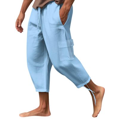 RTTUIOP Men's Cotton Linen Pants Solid Color Harem Pants Casual Capri Pant Lightweight Loose 3/4 Shorts Drawstring Elastic Waist Beach Yoga Trousers Summer Pant Linen Shorts for Men