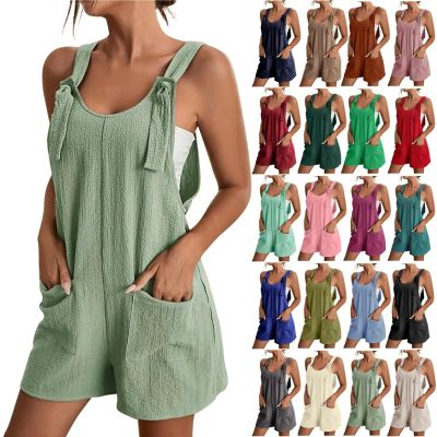 KICILVS Womens Rompers for Summer Casual Sleeveless Suspender Short Jumpsuit Boho Solid Color Overalls with Pockets