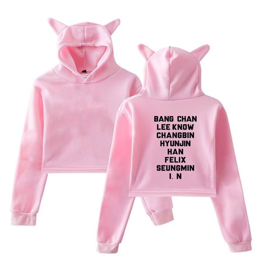 Outofgas SKZ Hoodie Felix Jisung Minho Bangchan Cat Ear Sweatshirt Crop Top Sweater for Women