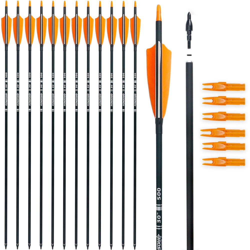 BOWSOUL 30" Carbon Arrows Archery Target Practice Hunting Arrows with 4" Turkey Feather fletched Spine 500 Arrow for Traditional Bow Recurve Bow & Longbow (Pack of 12) (Orange White)