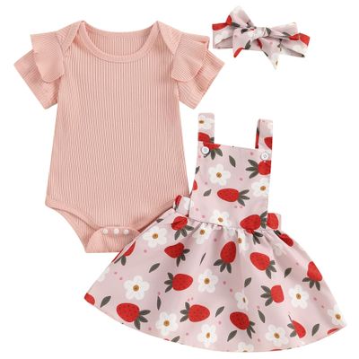 Mubineo Baby Girl Clothes Summer Cute Skirt Outfits Short Sleeve Romper Floral Overall Skirt Dress Infant Newborn Outfit (Pink Strawberry, 3-6 Months)