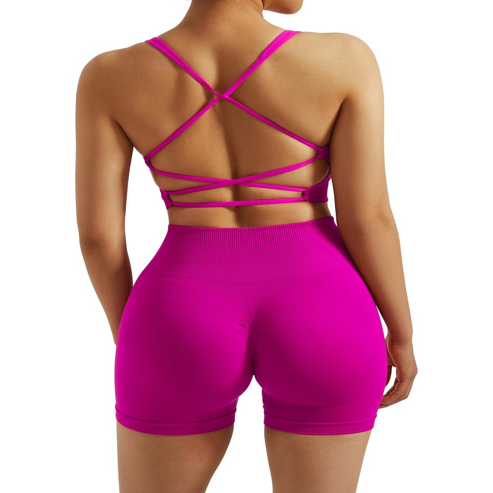 RXRXCOCO Seamless Workout Sets for Women 2 Piece Strappy Sports Bras Scrunch Butt Booty Shorts Matching Yoga Outfits Pink Large