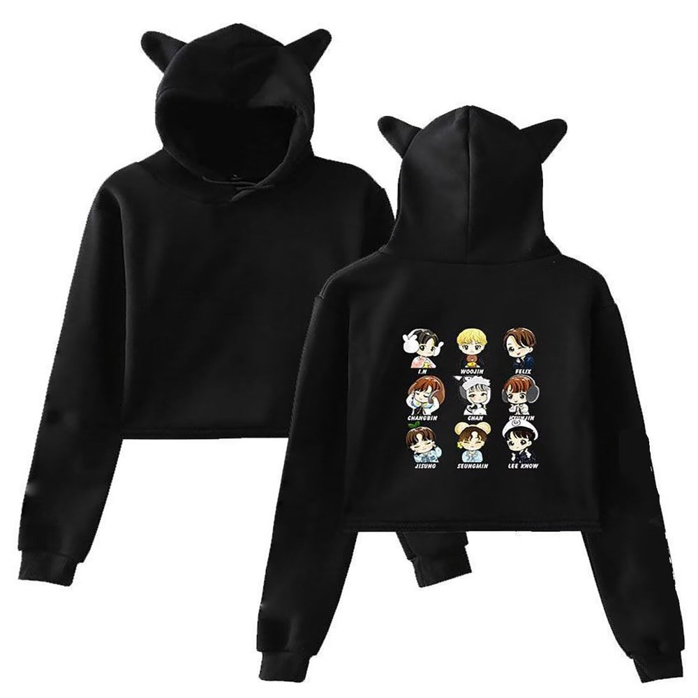 Outofgas SKZ Hoodie Felix Jisung Minho Bangchan Cat Ear Sweatshirt Crop Top Sweater for Women