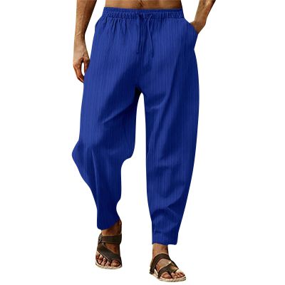 RTTUIOP Linen Pants Men Cotton Solid Color Casual Capri Harem Pants Lightweight Loose 3/4 Shorts Drawstring Elastic Waist Beach Yoga Trousers Summer Pants