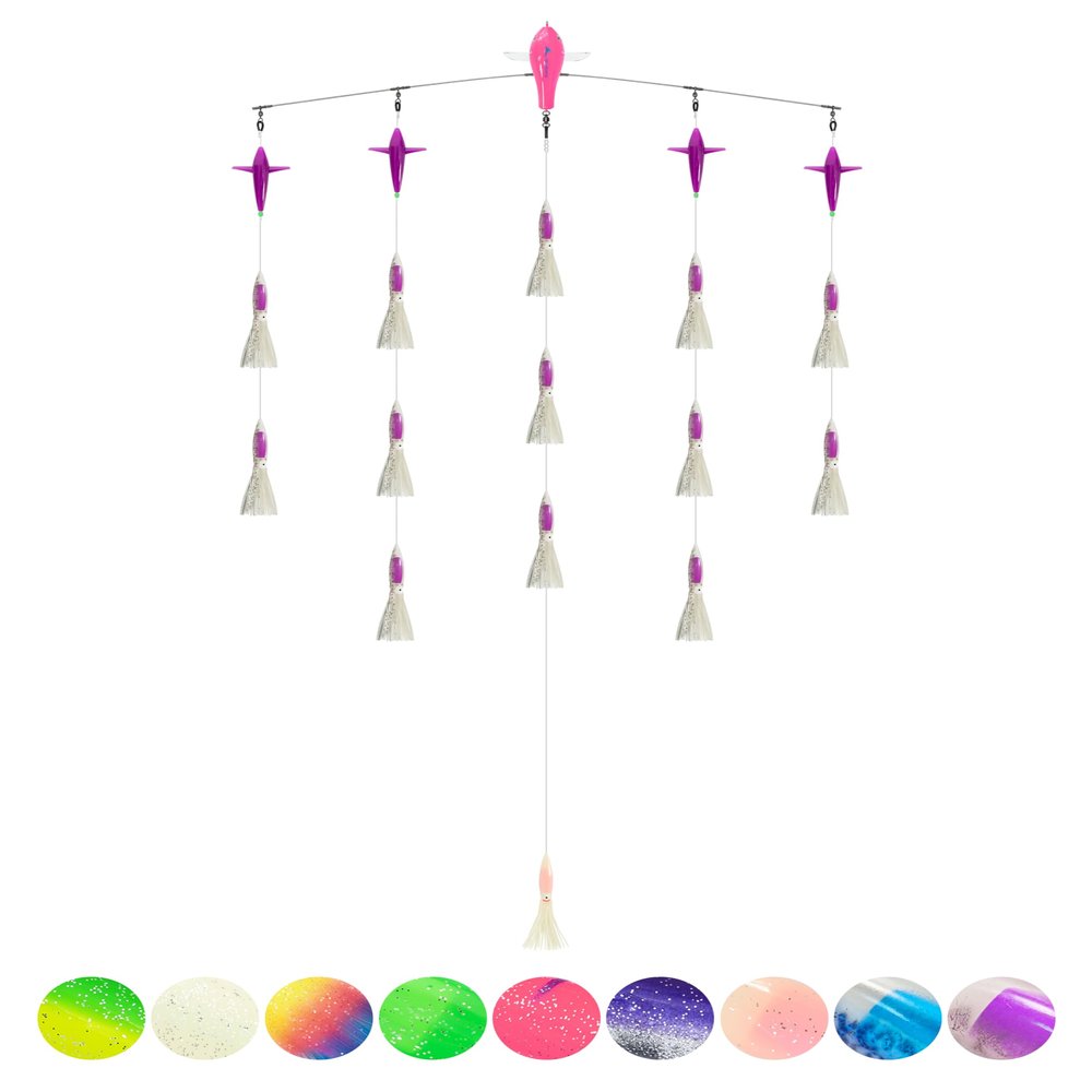 BLUEWING 36in Upgraded Fishing Spreader Bar Canyon with 9in Squids, Trolling Birds, Big Game Trolling Lure and 316 Stainless Steel Rod for Wahoo Tuna Marlin Mahi Mahi, Crystal Purple