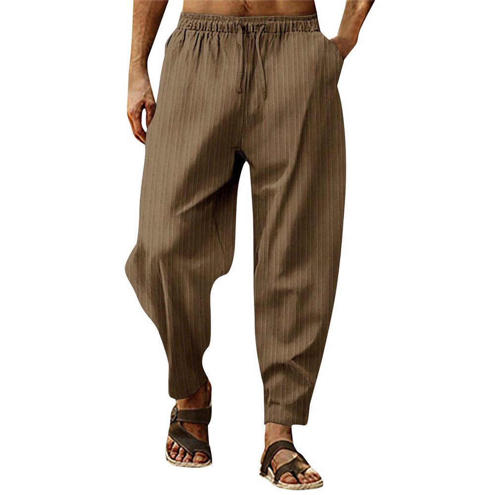 RTTUIOP Linen Pants Men Cotton Solid Color Casual Capri Harem Pants Lightweight Loose 3/4 Shorts Drawstring Elastic Waist Beach Yoga Trousers Summer Pants