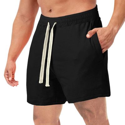 Mens Drawstring Summer Beach Shorts Linen Elastic Waist Short Pants Casual Classic Fit Workout Sport Short (Black,Large)